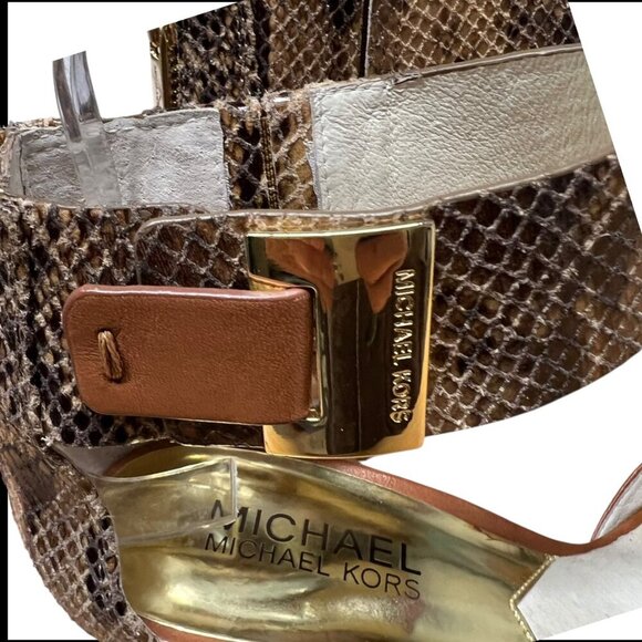 Michael Kors Snakeskin & Leather Tan Peep Toe Stiletto Ankle Strap Size 6.5 - Picture 5 of 9